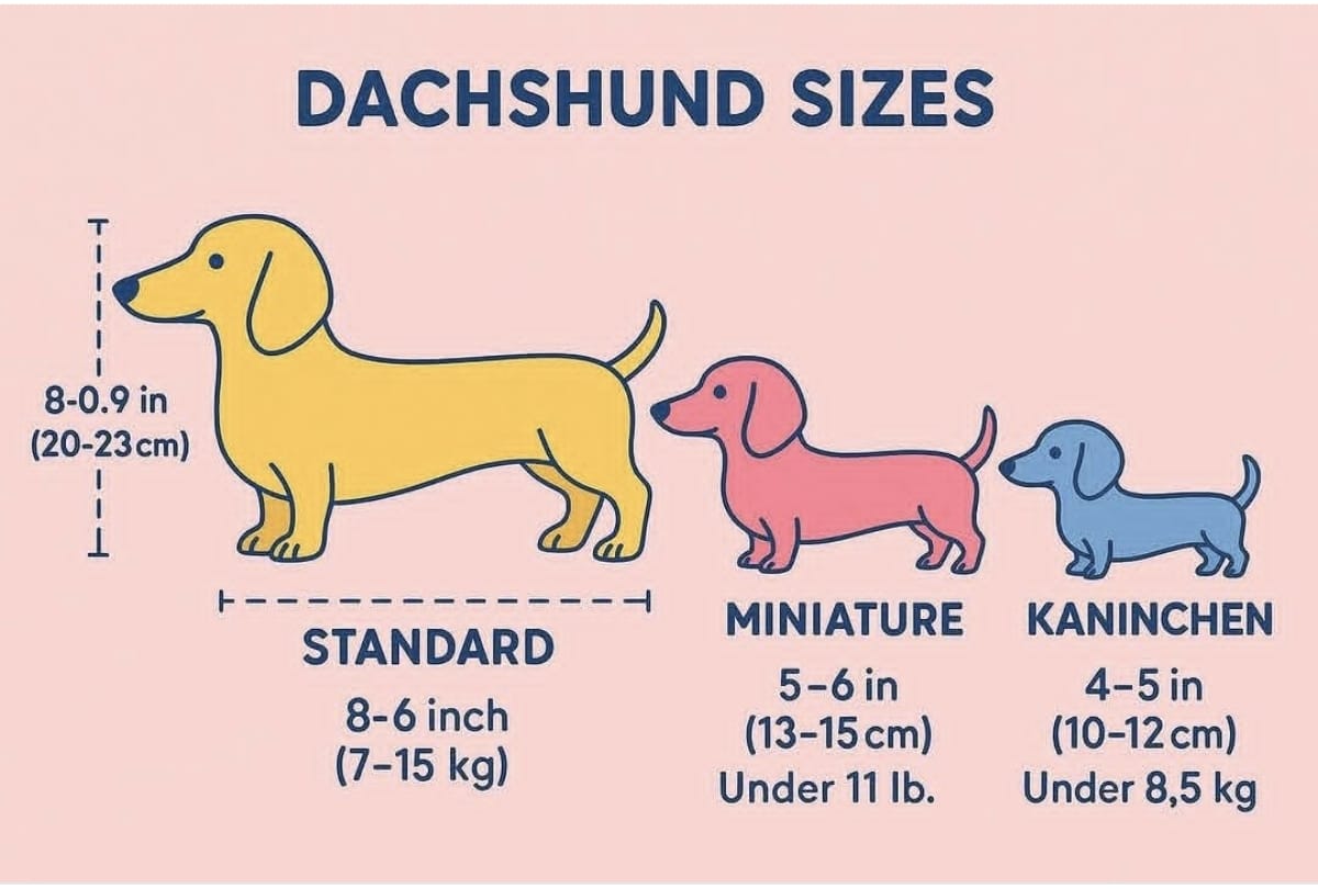 Dachshund sizes showing Standard, Miniature and Kaninchen