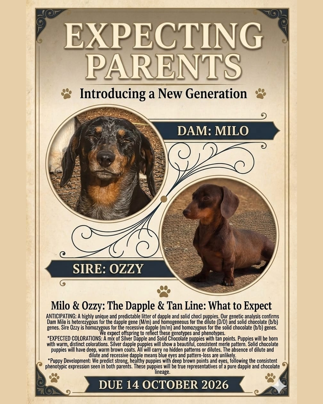 Milo & Ozzy expecting parents — due 14 October 2026